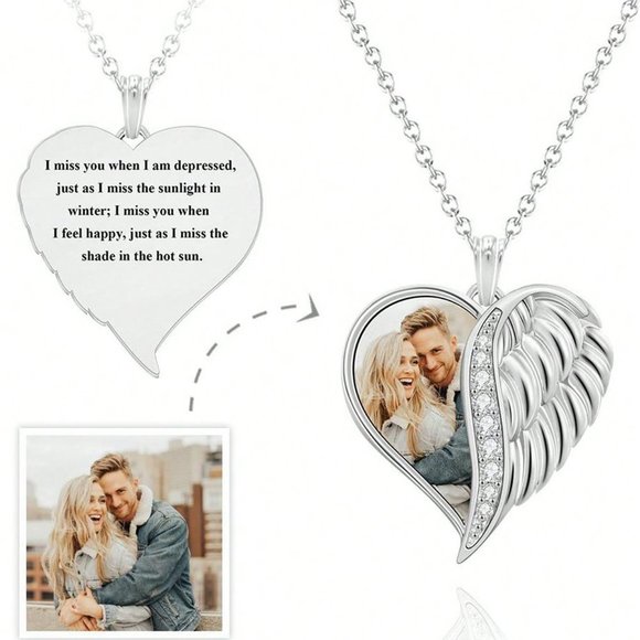 Pendant Necklace,Customized Photo Text Engraved Necklace With Heart Shaped Wing - Picture 4 of 7